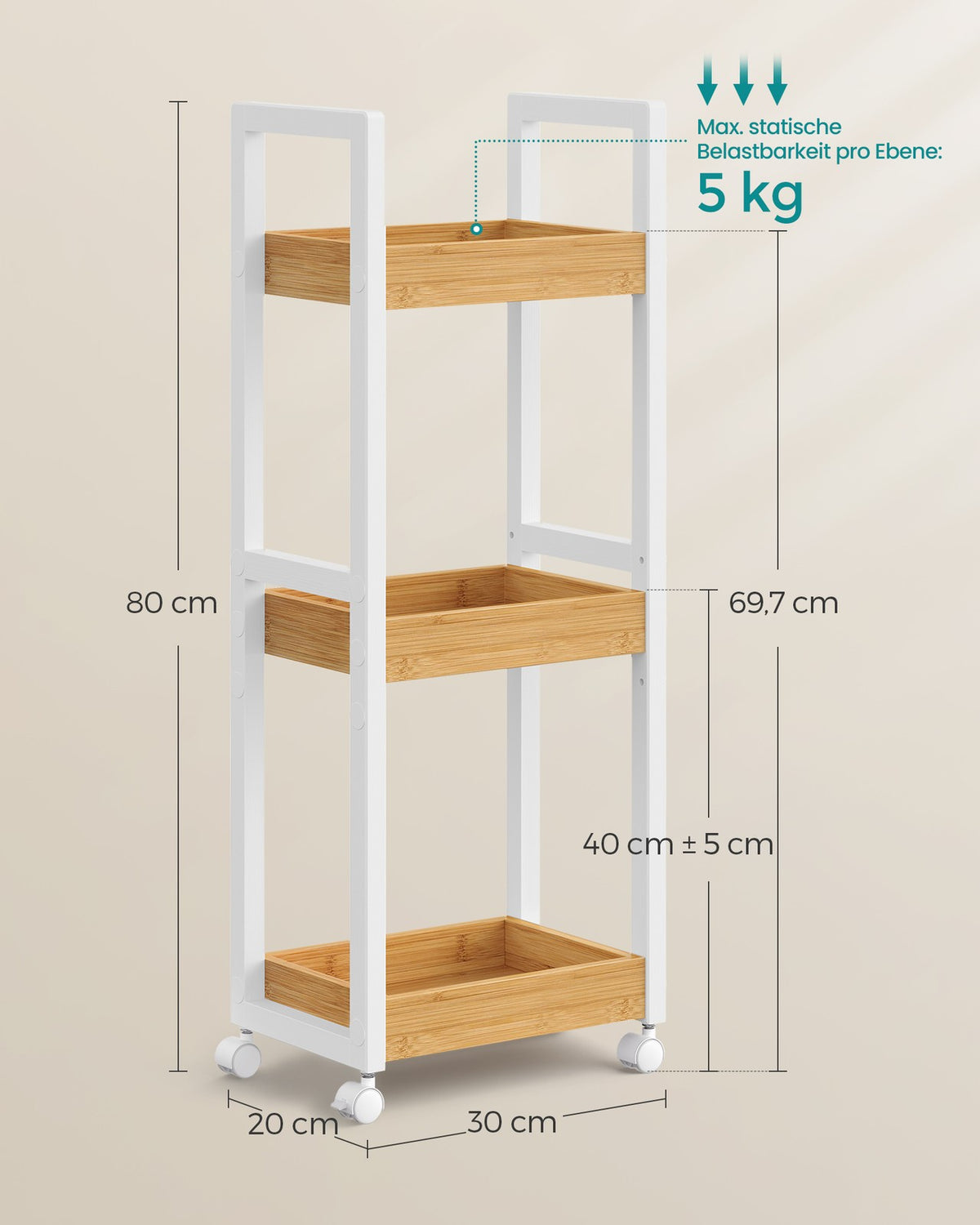 Badkamerrek op Wieltjes – Smal Rolwagentje met 3 Etages – Afneembare Wielen – 30 x 20 x 80 cm
