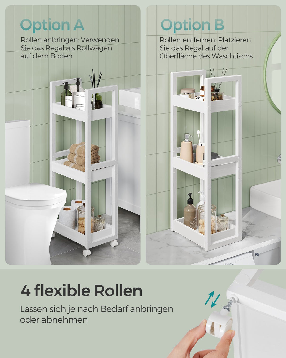 Badkamerrek op Wieltjes – Smal Rolwagentje met 3 Etages – Afneembare Wielen – 30 x 20 x 80 cm