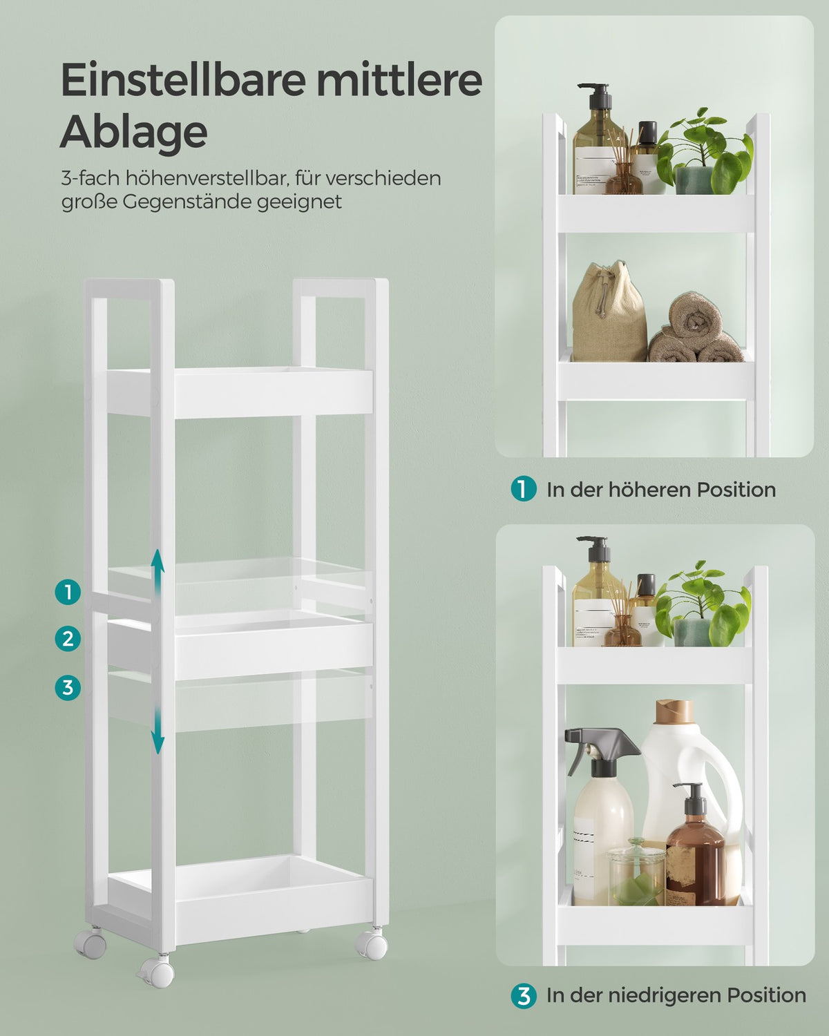 Badkamerrek op Wieltjes – Smal Rolwagentje met 3 Etages – Afneembare Wielen – 30 x 20 x 80 cm