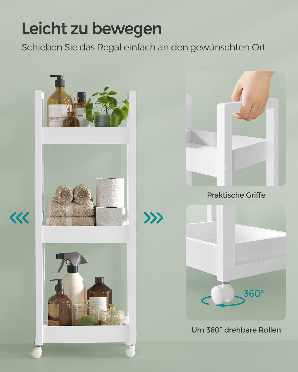Badkamerrek op Wieltjes – Smal Rolwagentje met 3 Etages – Afneembare Wielen – 30 x 20 x 80 cm