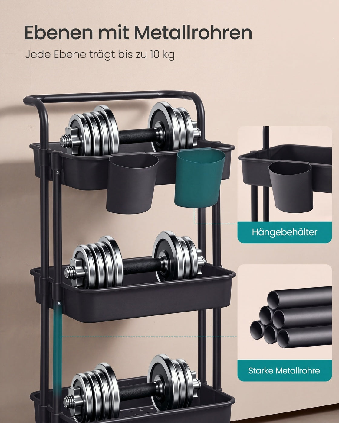 Trolley met Opbergmanden – Handgreep, 2 Hangbakjes & Wielen – 3 of 4 Lagen