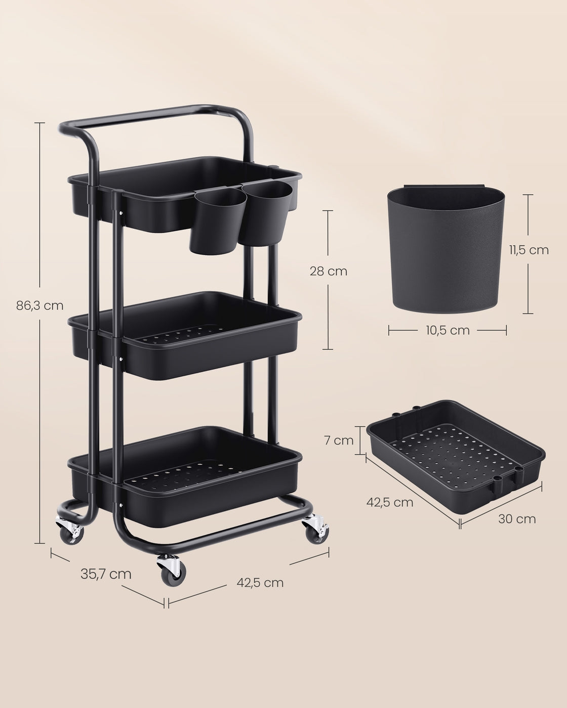 Trolley met Opbergmanden – Handgreep, 2 Hangbakjes & Wielen – 3 of 4 Lagen