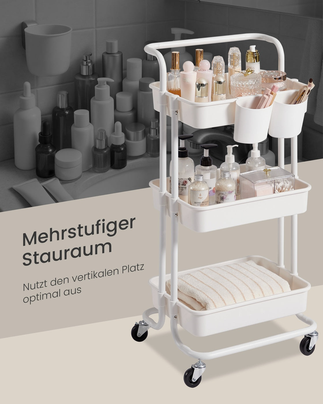 Trolley met Opbergmanden – Handgreep, 2 Hangbakjes & Wielen – 3 of 4 Lagen