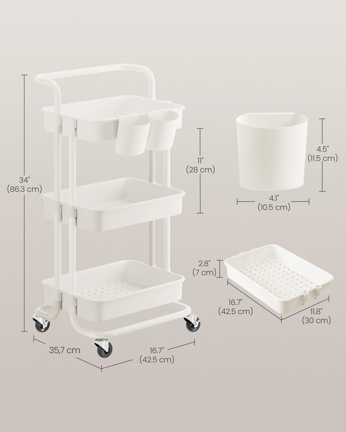 Trolley met Opbergmanden – Handgreep, 2 Hangbakjes & Wielen – 3 of 4 Lagen