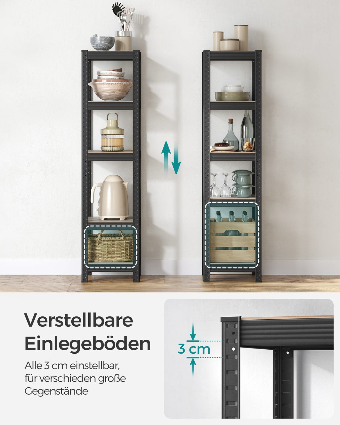 Smal Opbergrek met 5 Verstelbare Planken – Industriële Look – Tot 80 kg per Plank – 37 x 37 x 150 cm