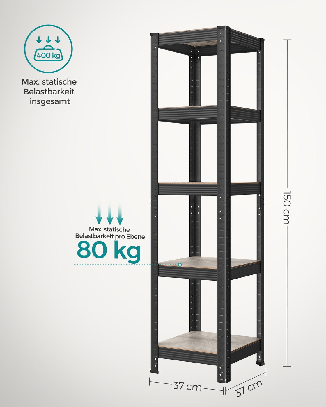 Smal Opbergrek met 5 Verstelbare Planken – Industriële Look – Tot 80 kg per Plank – 37 x 37 x 150 cm