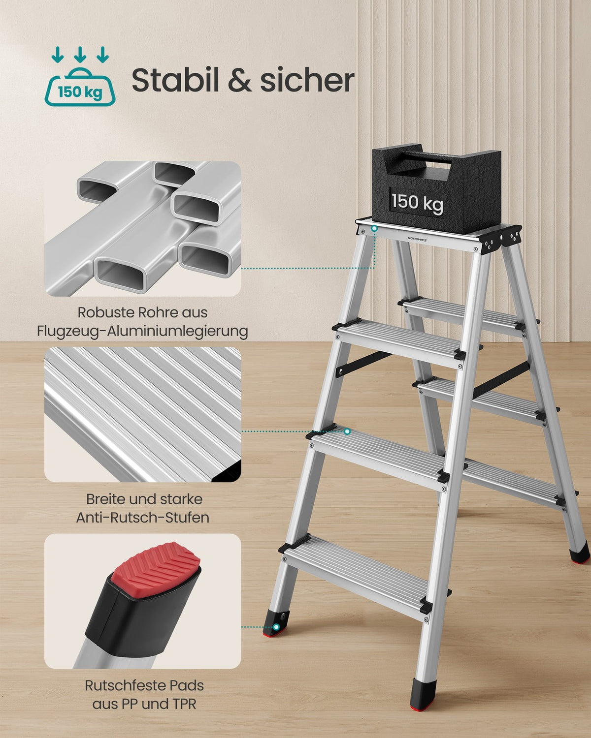 Aluminium Huishoudtrap – Dubbelzijdig & Inklapbaar – Antislip Treden – Tot 150 kg – 2, 3 of 4 Treden