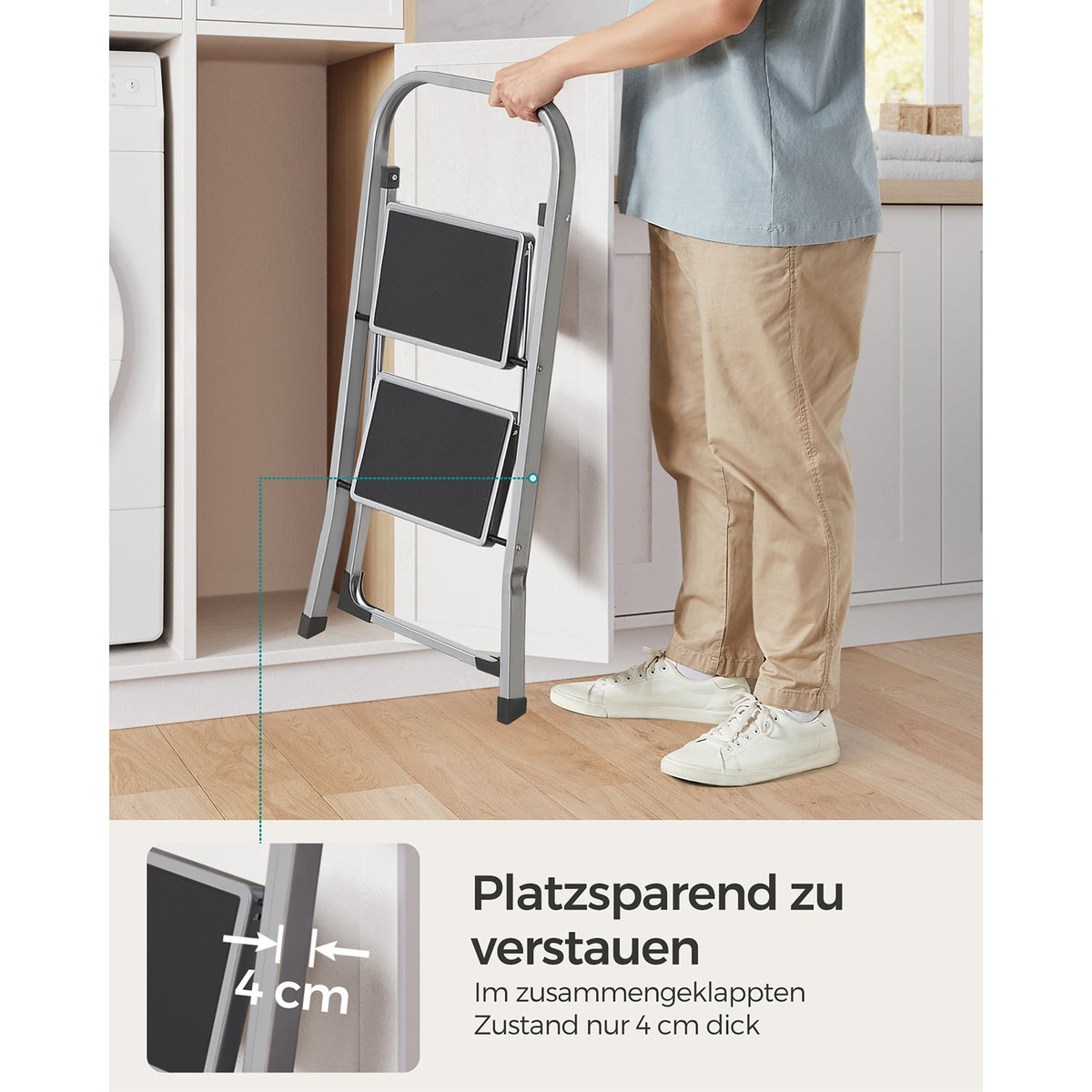 Opvouwbare Huishoudtrap – 3 Treden – Stalen Trapladder met Handgreep – 150 kg Draagvermogen
