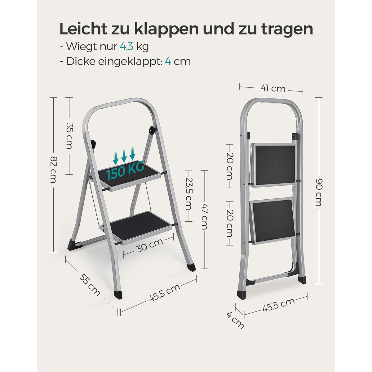 Opvouwbare Huishoudtrap – 3 Treden – Stalen Trapladder met Handgreep – 150 kg Draagvermogen