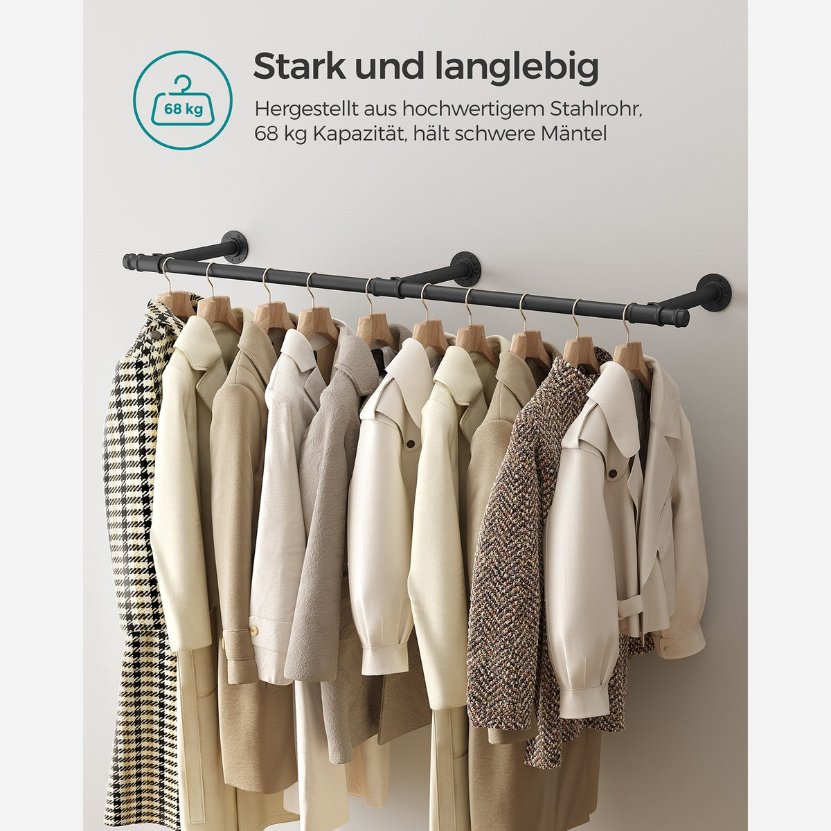 Kledingstang voor Wandmontage – Industrieel Kledingrek van Staal – Tot 68 kg – 170 cm
