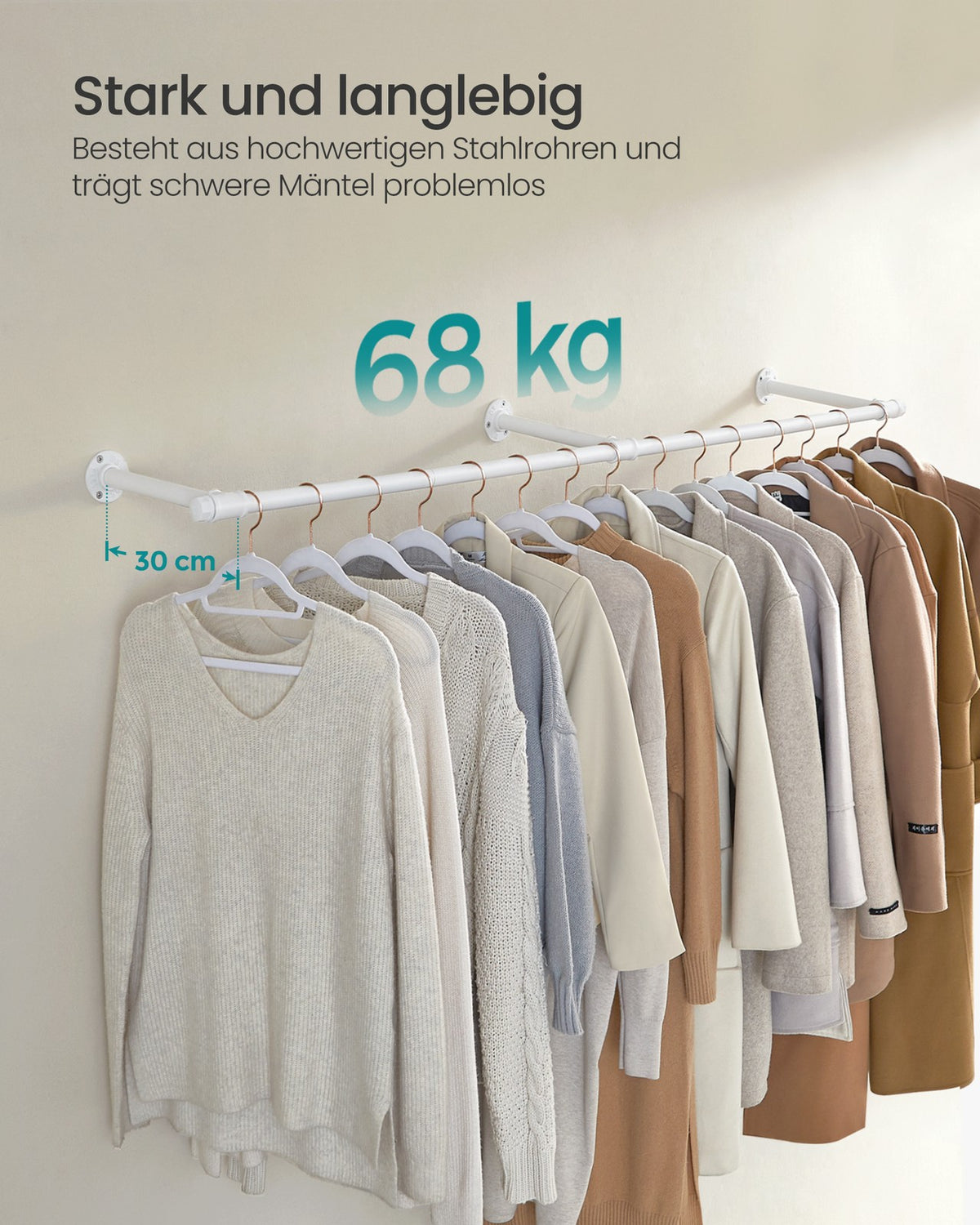 Kledingstang voor Wandmontage – Industrieel Kledingrek van Staal – Tot 68 kg – 170 cm