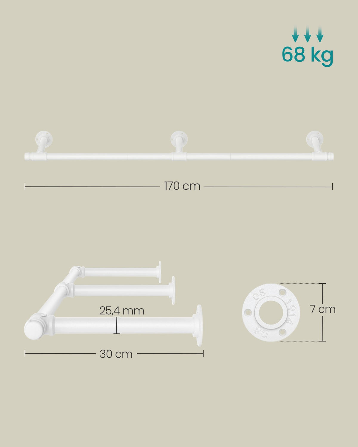 Kledingstang voor Wandmontage – Industrieel Kledingrek van Staal – Tot 68 kg – 170 cm