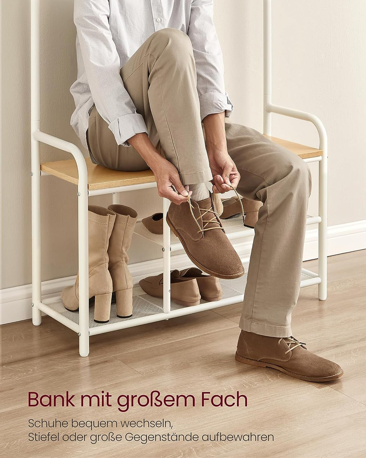 Kapstok met Zitbank – Haken, Bovenplank & 2 Schoenenplanken – Metalen Frame – 85 x 180 cm