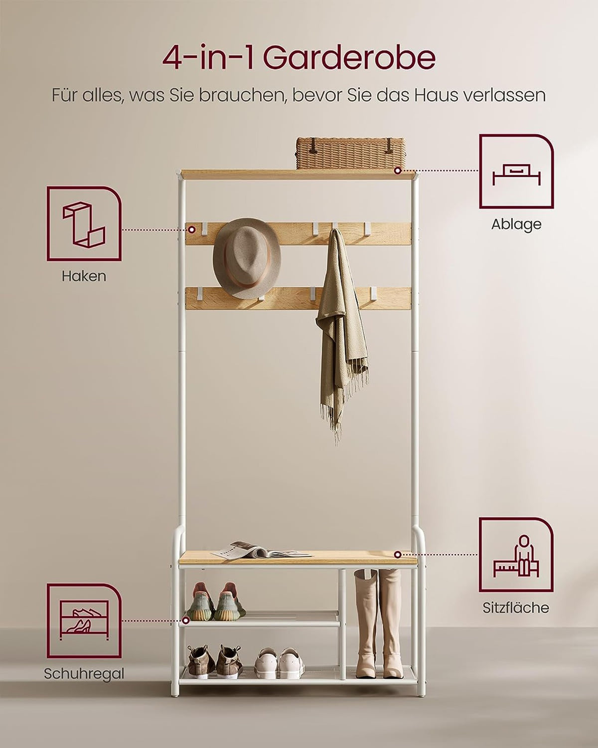 Kapstok met Zitbank – Haken, Bovenplank & 2 Schoenenplanken – Metalen Frame – 85 x 180 cm