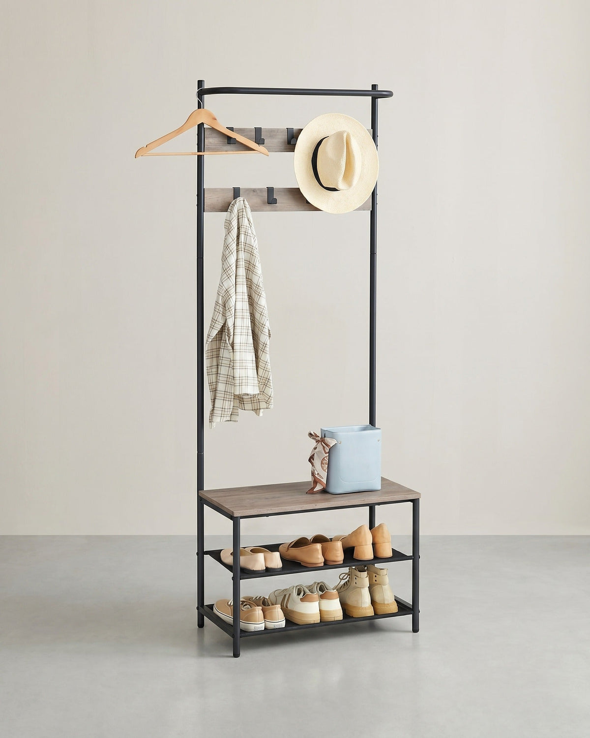 Kapstok met Bank – 3-in-1 Garderoberek – Opbergrekken & Haken – 32,2 x 64 x 180 cm
