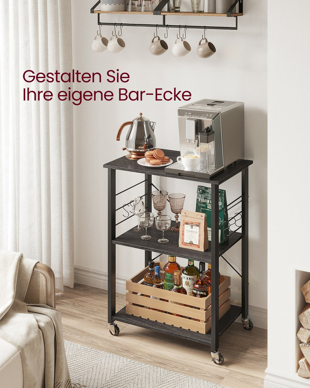 Magnetronrek op Wieltjes – Keukenrek met 3 Planken en S-Haken – X-Versteviging – 60 cm Breed