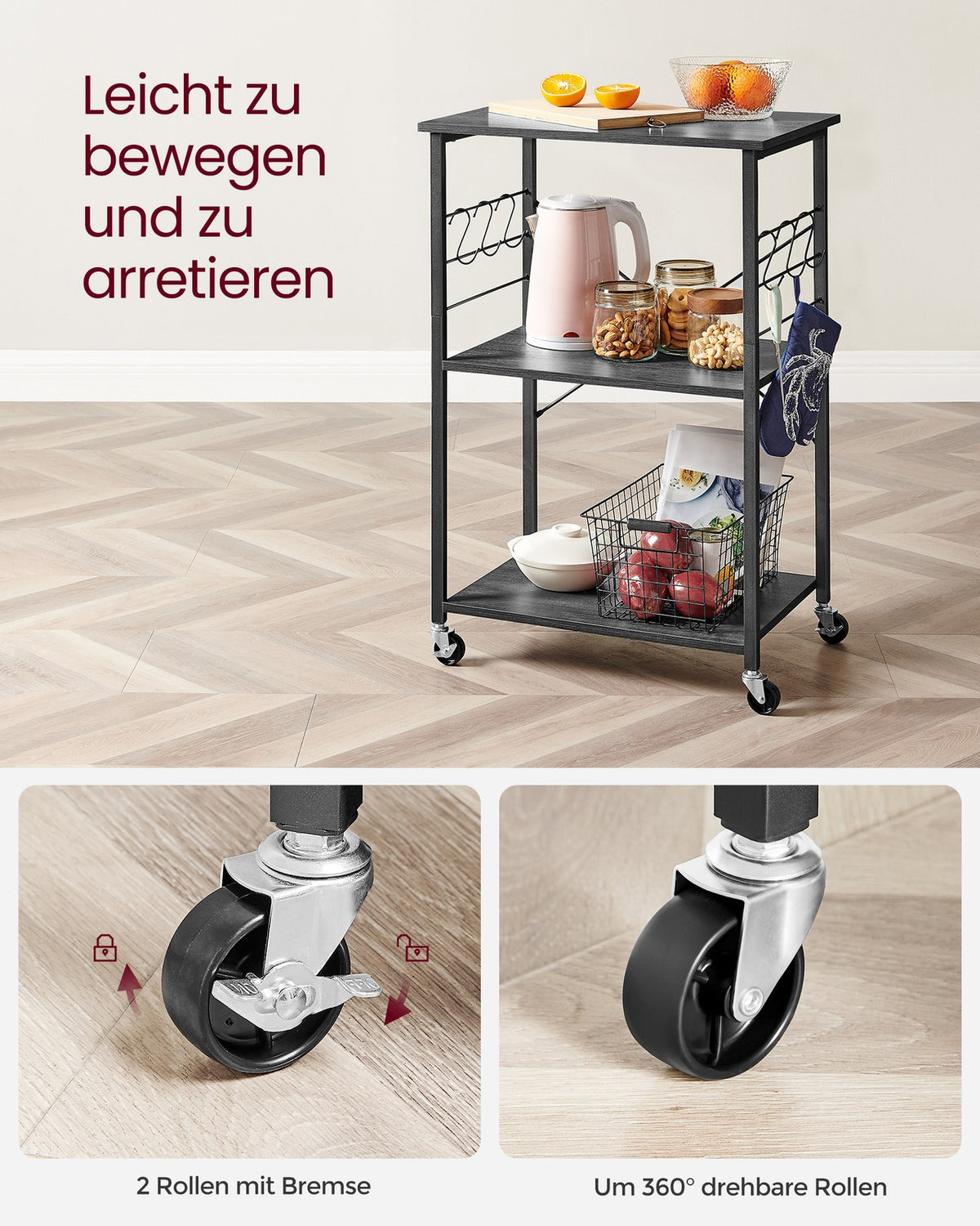 Magnetronrek op Wieltjes – Keukenrek met 3 Planken en S-Haken – X-Versteviging – 60 cm Breed