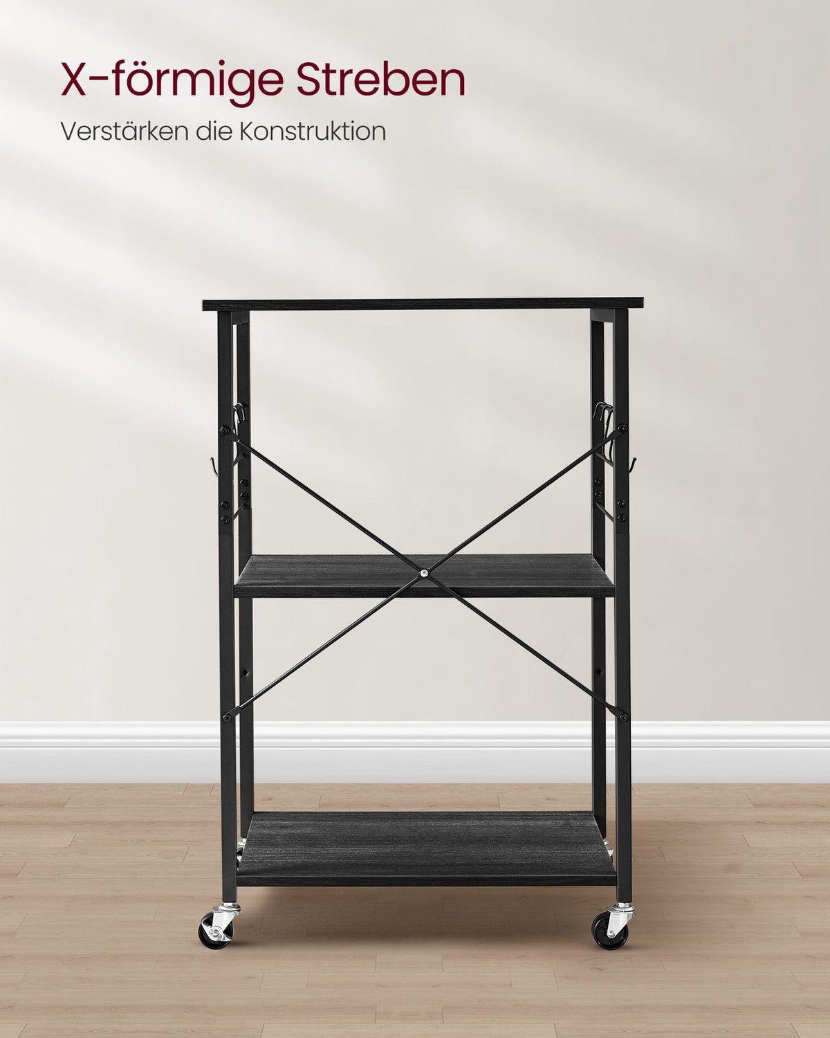 Magnetronrek op Wieltjes – Keukenrek met 3 Planken en S-Haken – X-Versteviging – 60 cm Breed