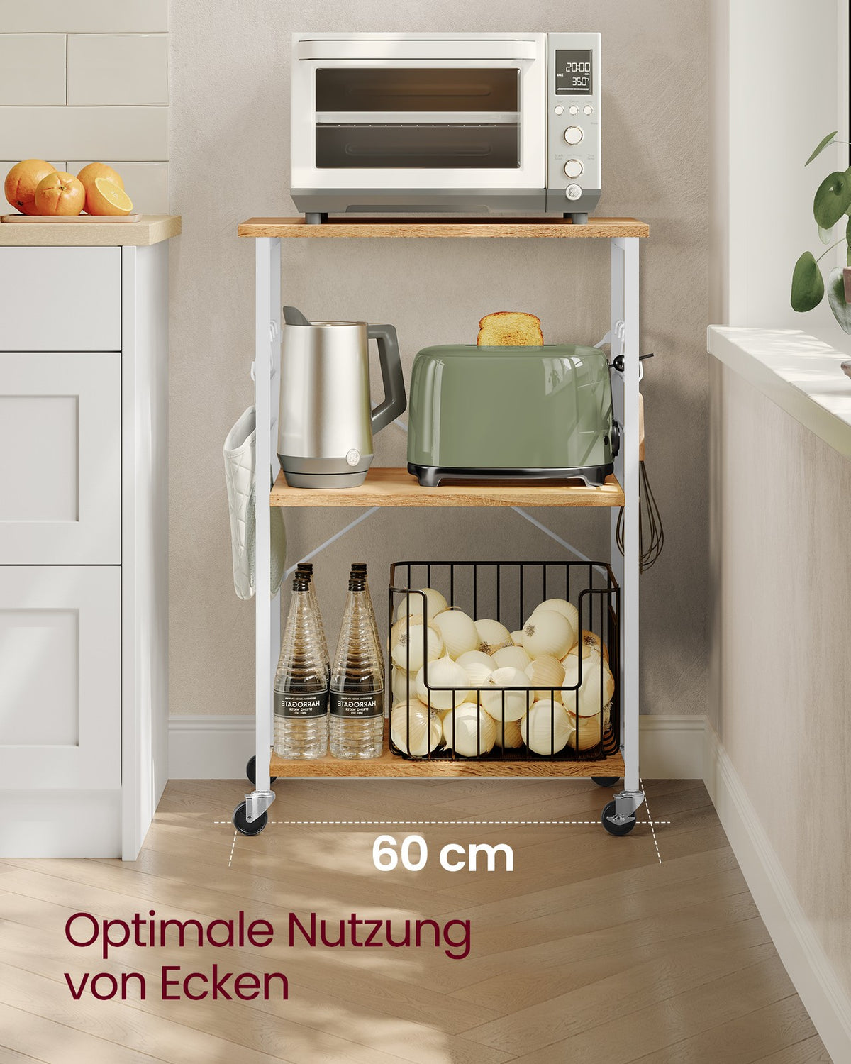 Magnetronrek op Wieltjes – Keukenrek met 3 Planken en S-Haken – X-Versteviging – 60 cm Breed
