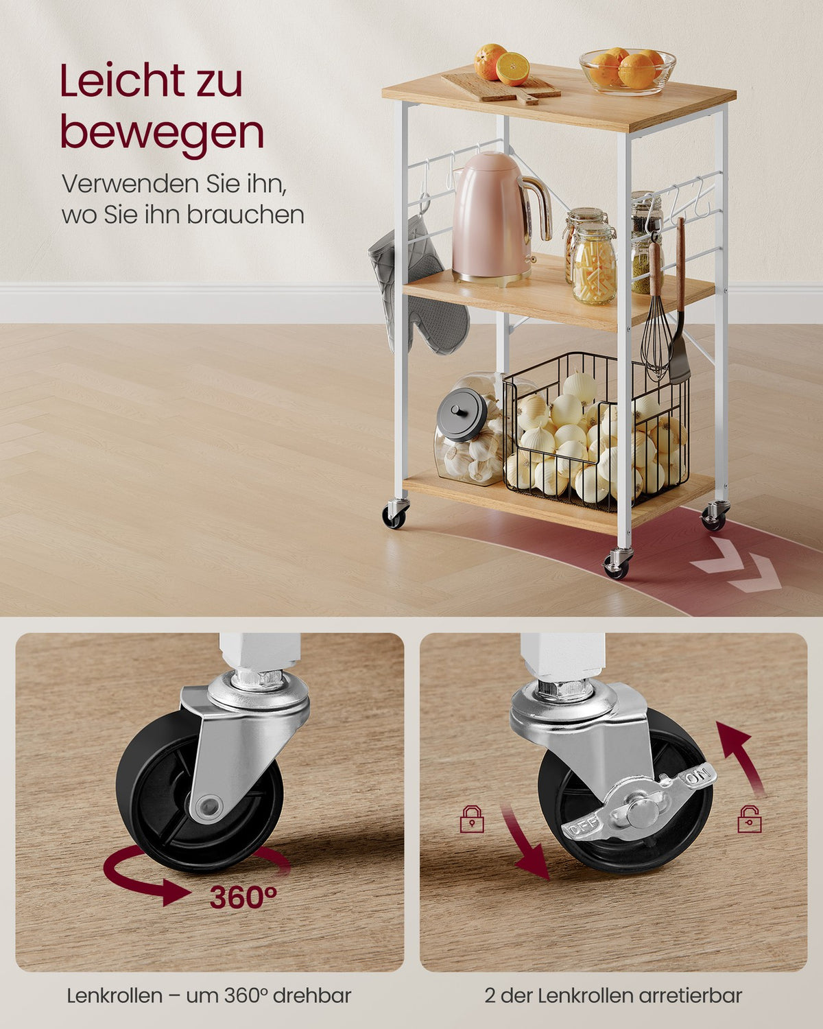 Magnetronrek op Wieltjes – Keukenrek met 3 Planken en S-Haken – X-Versteviging – 60 cm Breed