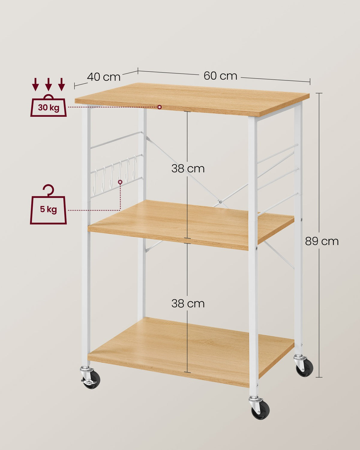 Magnetronrek op Wieltjes – Keukenrek met 3 Planken en S-Haken – X-Versteviging – 60 cm Breed