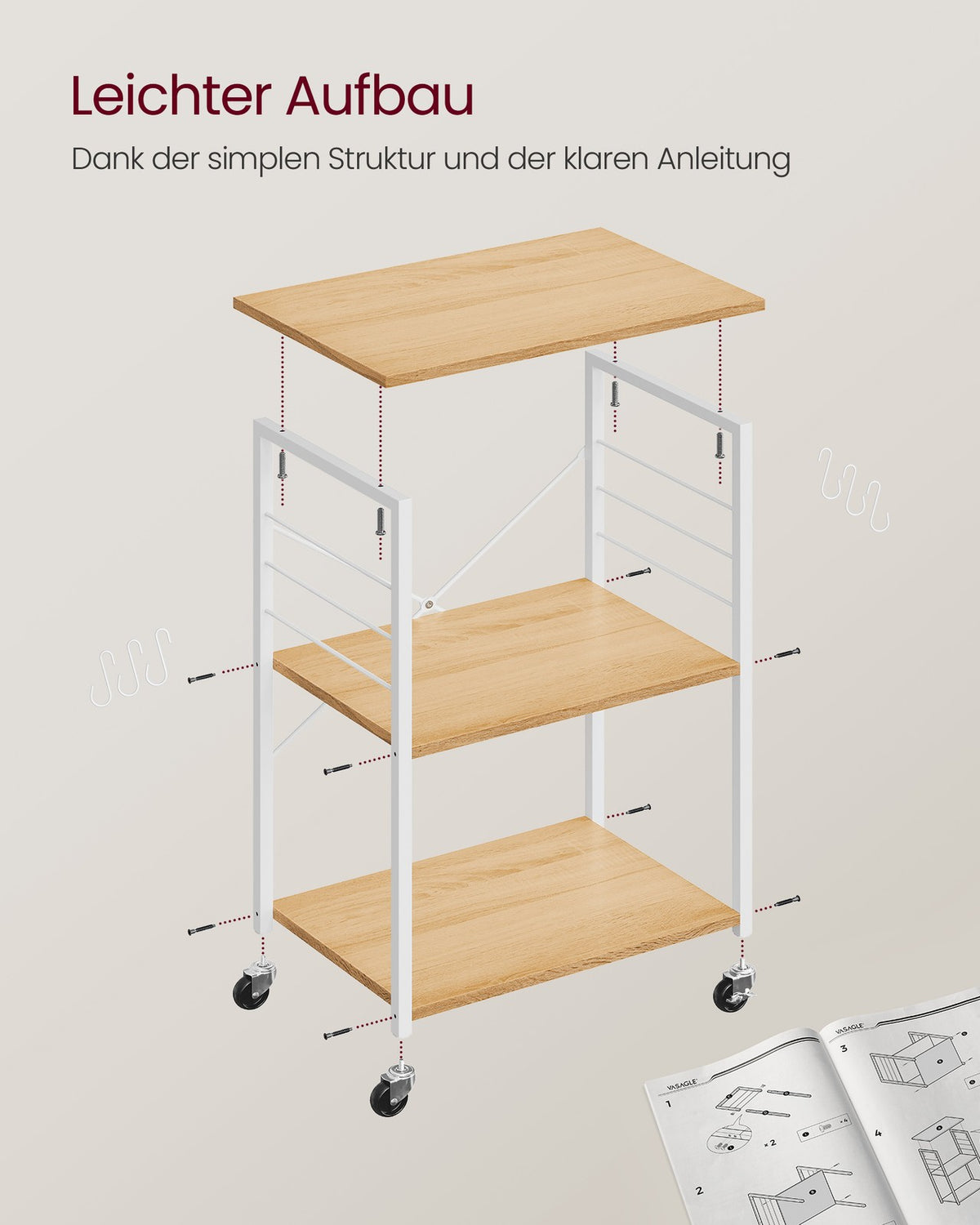 Magnetronrek op Wieltjes – Keukenrek met 3 Planken en S-Haken – X-Versteviging – 60 cm Breed