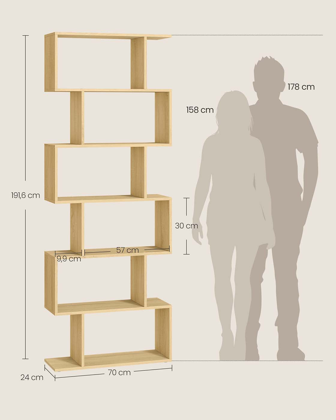 S-vormige Boekenkast – Open Zigzag Kast met 5 of 6 Niveaus – Spaanplaat – 40 of 70 cm Breed