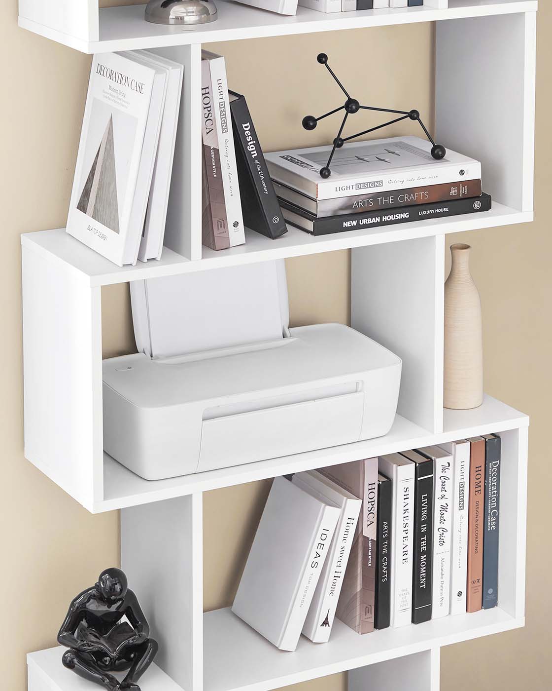 S-vormige Boekenkast – Open Zigzag Kast met 5 of 6 Niveaus – Spaanplaat – 40 of 70 cm Breed