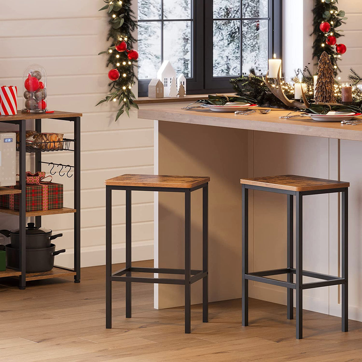 Barkrukken Set van 2 – Industrieel Design – Met Voetensteun – Vintage Bruin & Zwart – 65 cm