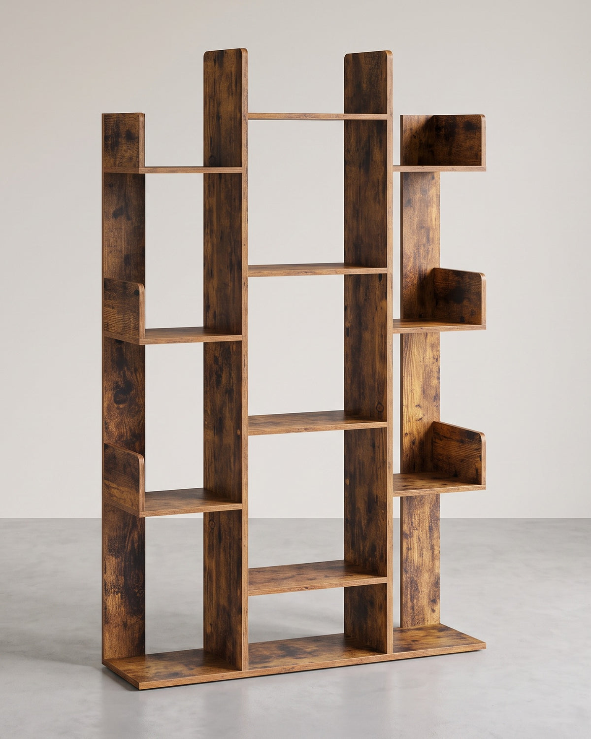 Boekenkast in Boomvorm – 13 Open Vakken – Afgeronde Hoeken – Vintage Bruin – 86 x 25 x 140 cm