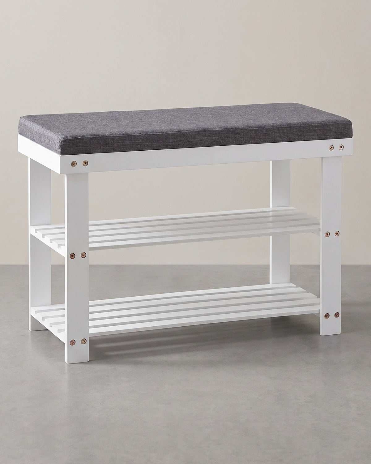Schoenenbank van Bamboe met Zitkussen – 2 Schoenenplanken – Tot 150 kg – Wit/Grijs – 71 cm