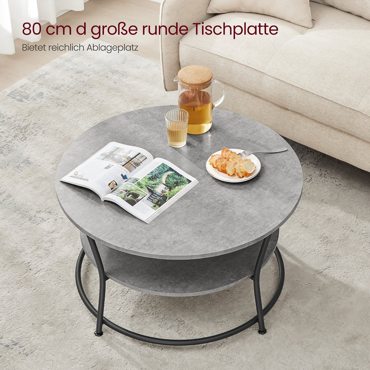 Ronde Salontafel met Onderplank – 2 Niveaus – Gebogen Stalen Poten met Ring – Ø 80 cm