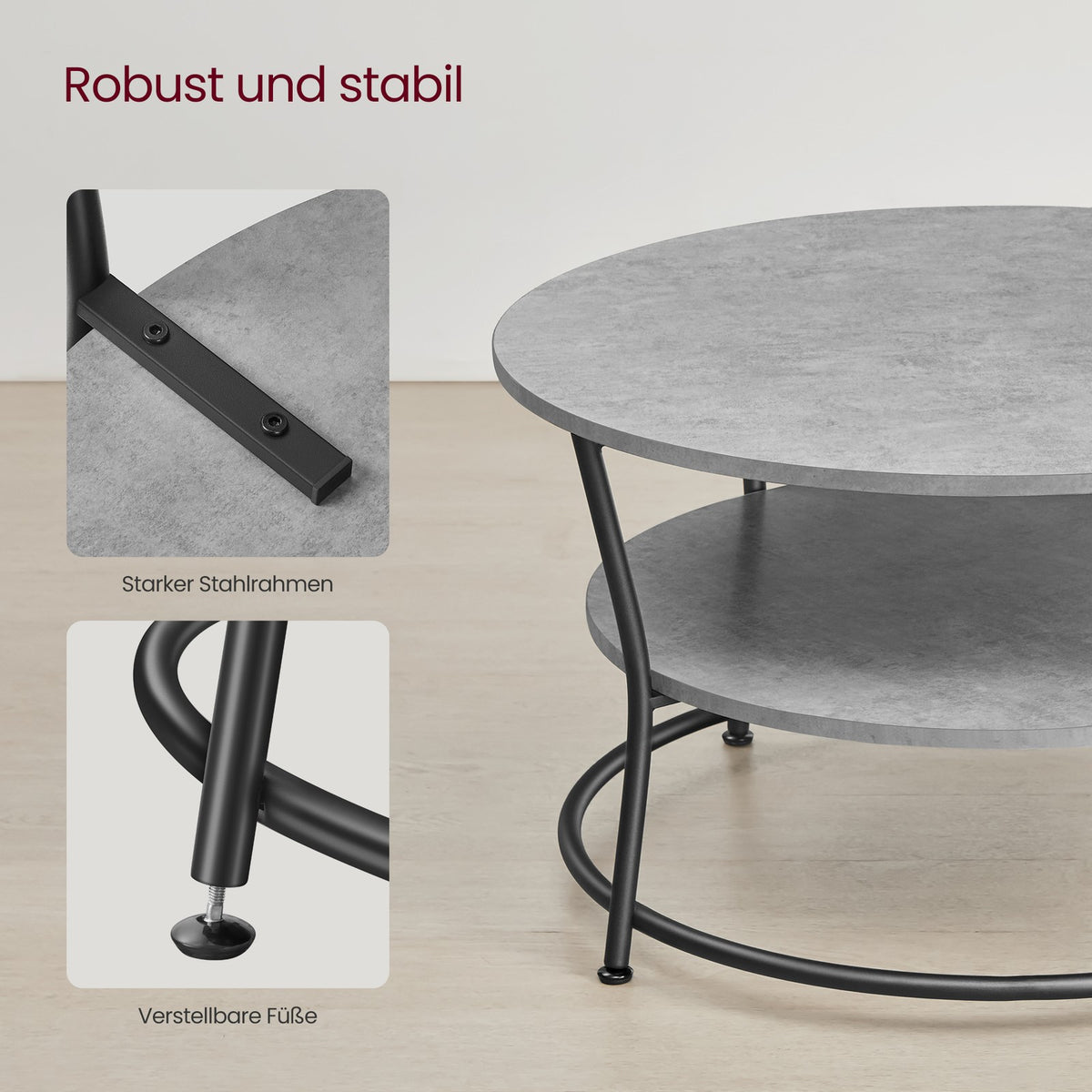 Ronde Salontafel met Onderplank – 2 Niveaus – Gebogen Stalen Poten met Ring – Ø 80 cm