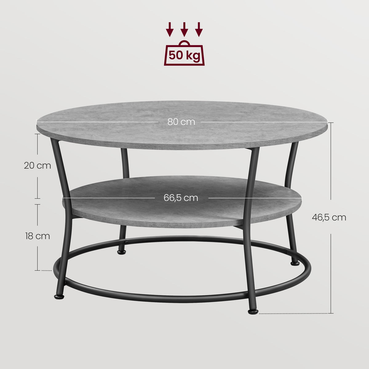 Ronde Salontafel met Onderplank – 2 Niveaus – Gebogen Stalen Poten met Ring – Ø 80 cm