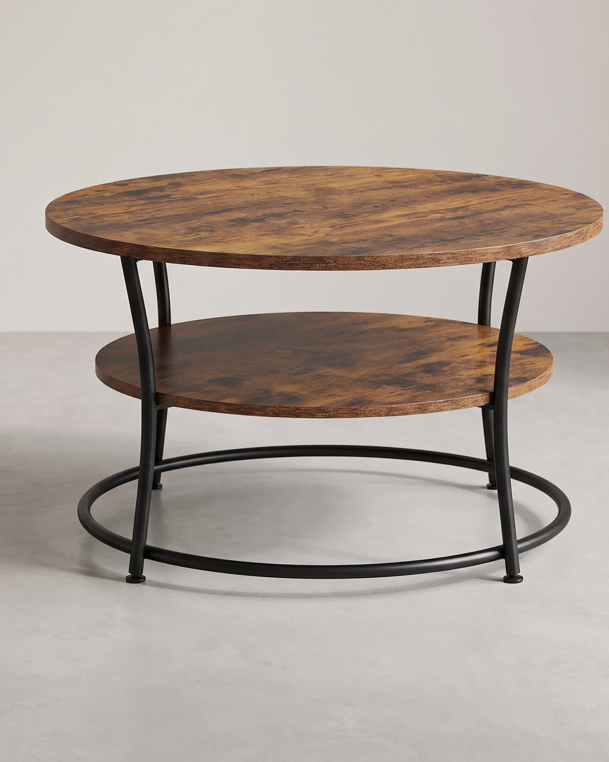 Ronde Salontafel met Onderplank – 2 Niveaus – Gebogen Stalen Poten met Ring – Ø 80 cm