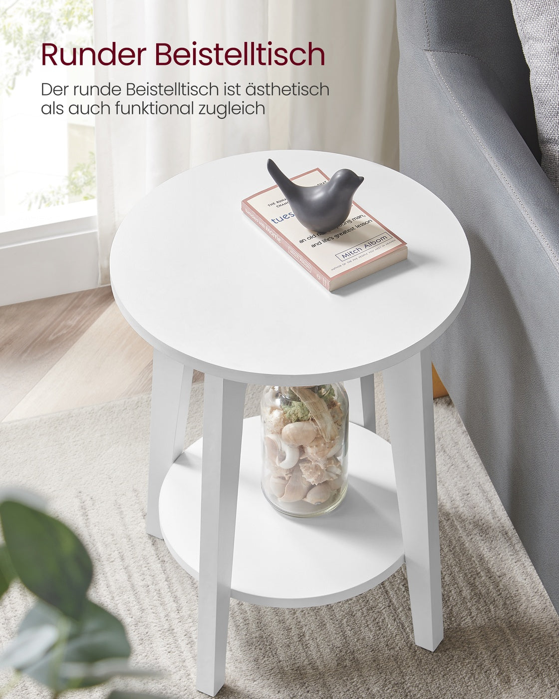 Ronde Bijzettafel met Onderplank – 2 Niveaus – Modern Wit – Ø40 x 50 cm – Tot 90 kg