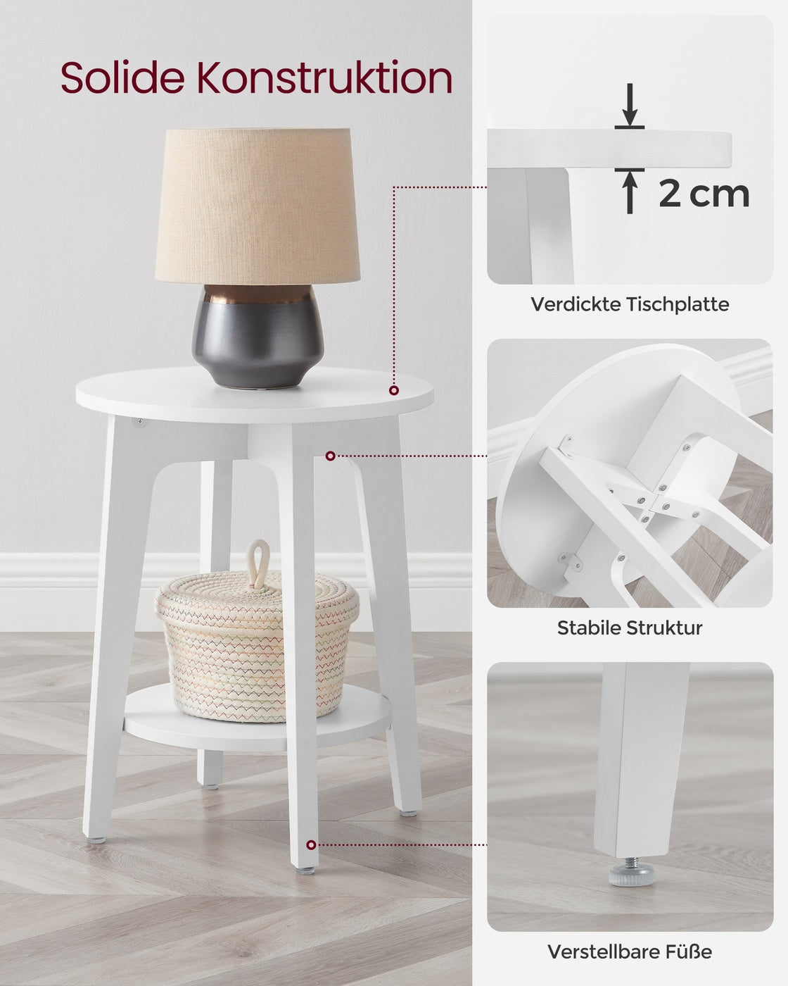 Ronde Bijzettafel met Onderplank – 2 Niveaus – Modern Wit – Ø40 x 50 cm – Tot 90 kg