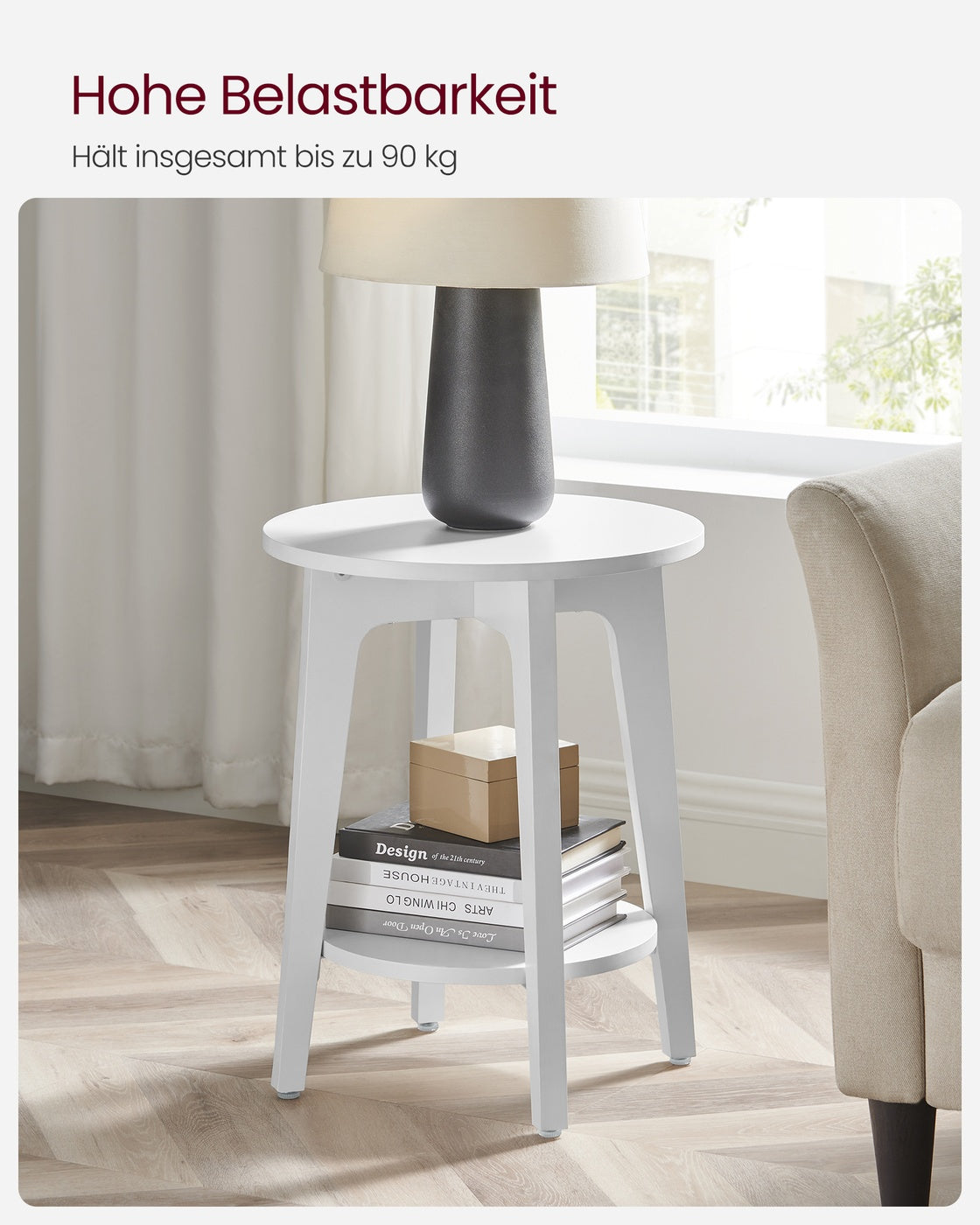 Ronde Bijzettafel met Onderplank – 2 Niveaus – Modern Wit – Ø40 x 50 cm – Tot 90 kg