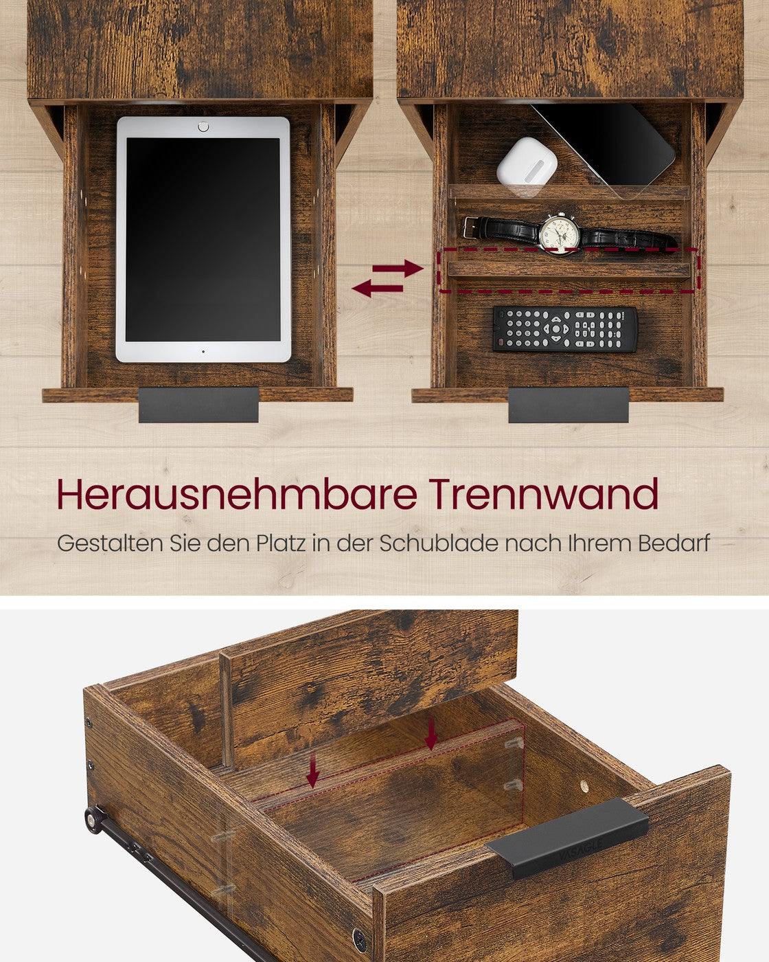 Bijzettafel met Stopcontacten & USB – 2 Lades en Tijdschriftenhouder – 60 x 35 x 61 cm
