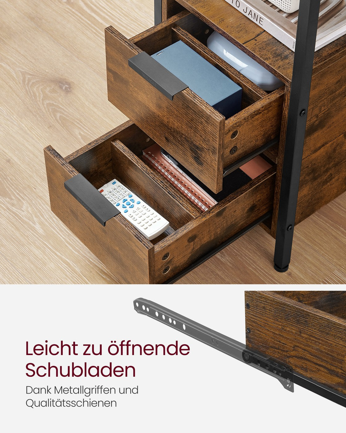 Bijzettafel met Stopcontacten & USB – 2 Lades en Tijdschriftenhouder – 60 x 35 x 61 cm