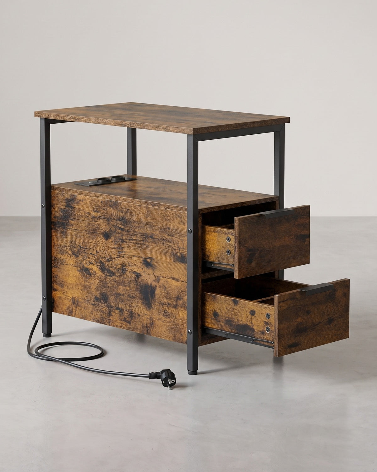 Bijzettafel met Stopcontacten & USB – 2 Lades en Tijdschriftenhouder – 60 x 35 x 61 cm