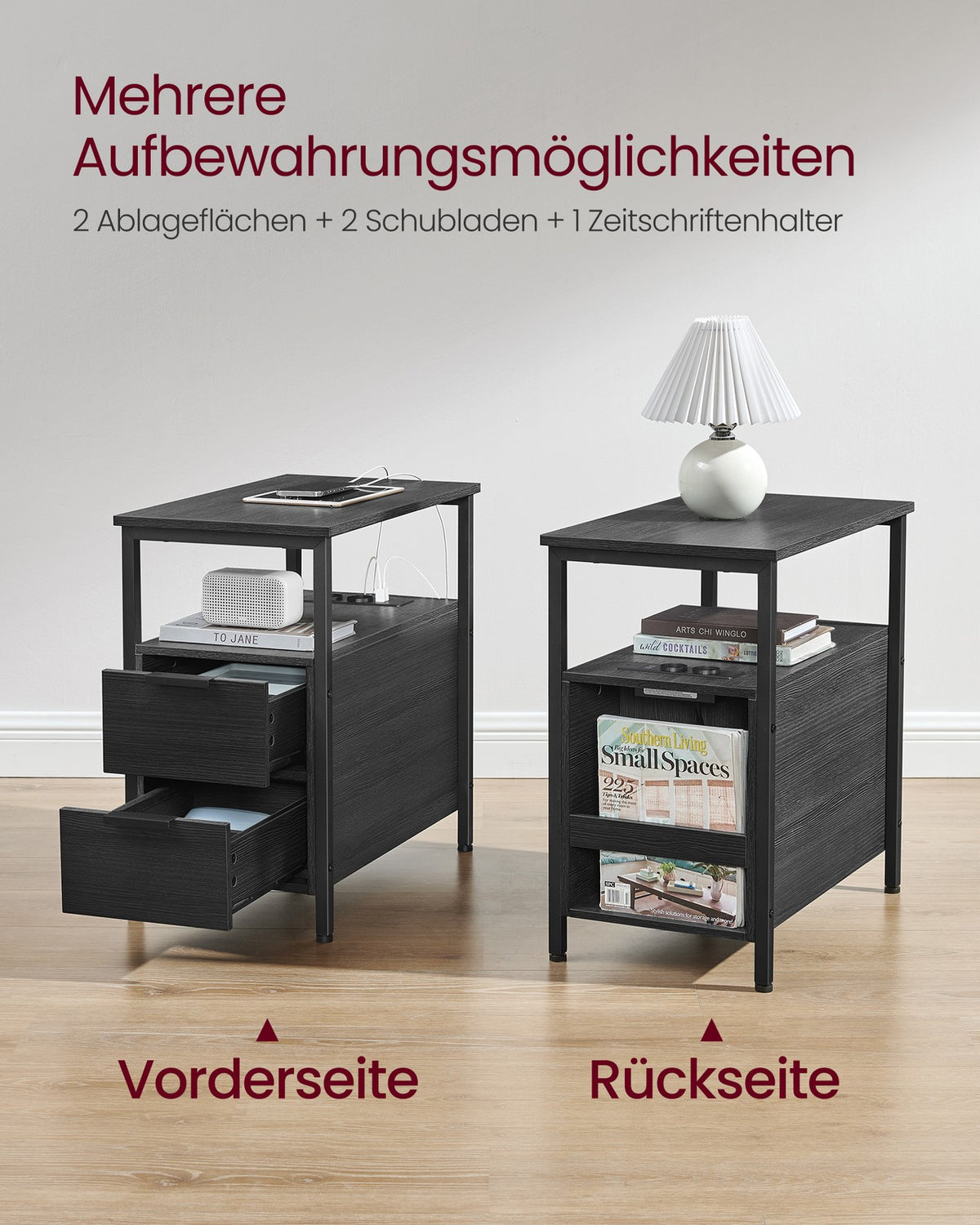 Bijzettafel met Stopcontacten & USB – 2 Lades en Tijdschriftenhouder – 60 x 35 x 61 cm