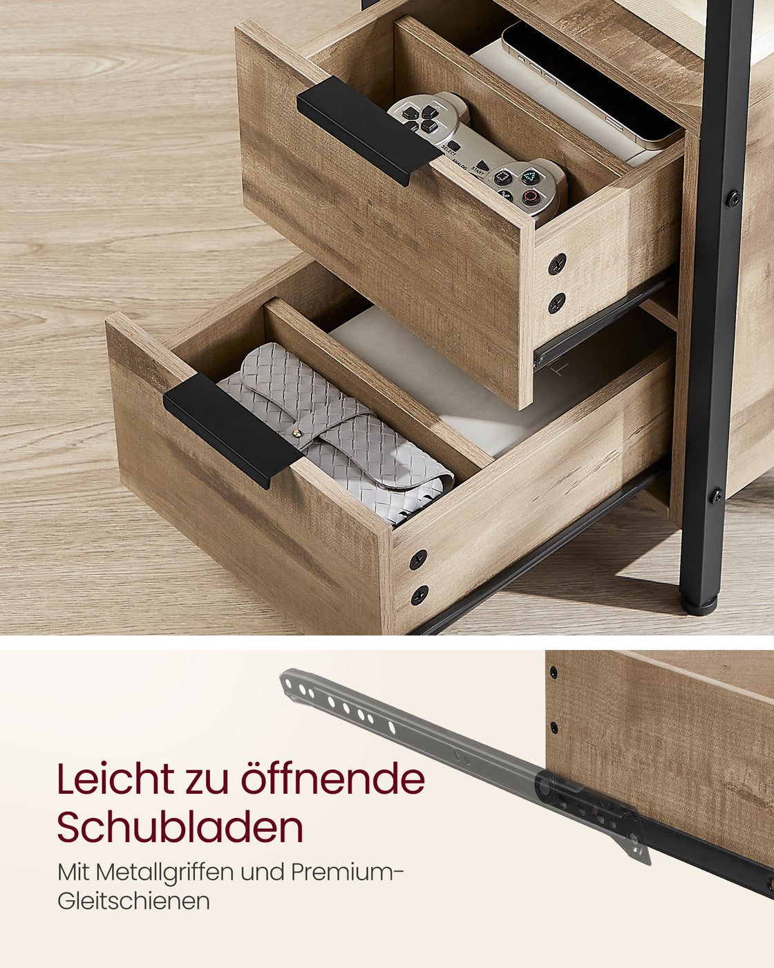 Bijzettafel met Stopcontacten & USB – 2 Lades en Tijdschriftenhouder – 60 x 35 x 61 cm