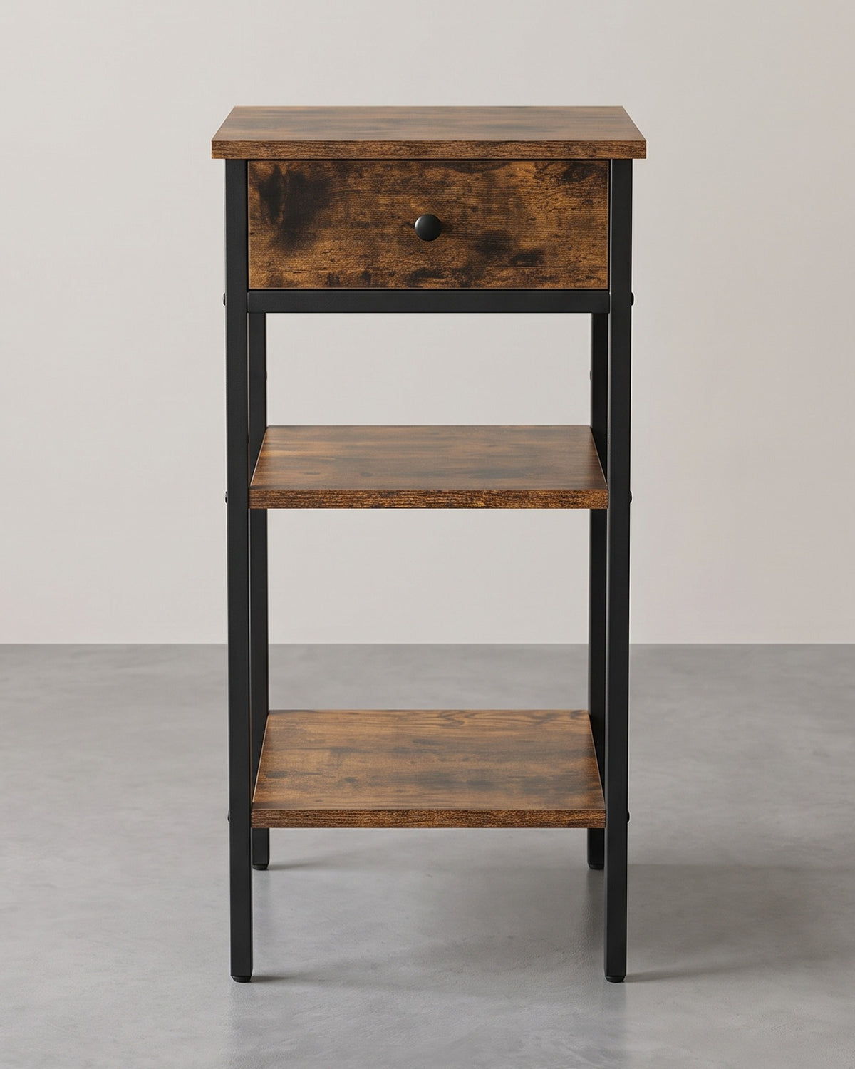 Smal Nachtkastje met Lade – 2 Open Planken – Stalen Frame – Ruimtebesparend – 35 x 35 x 70 cm