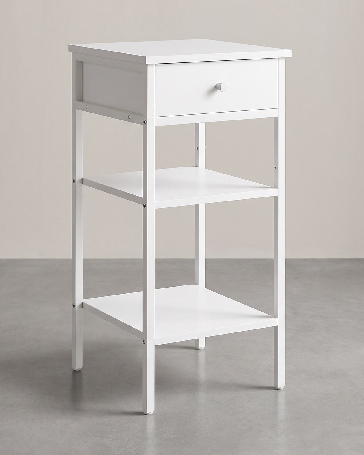 Smal Nachtkastje met Lade – 2 Open Planken – Stalen Frame – Ruimtebesparend – 35 x 35 x 70 cm