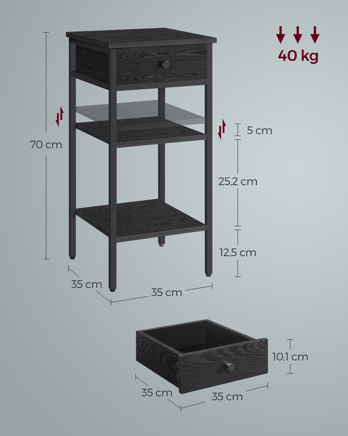 Smal Nachtkastje met Lade – 2 Open Planken – Stalen Frame – Ruimtebesparend – 35 x 35 x 70 cm