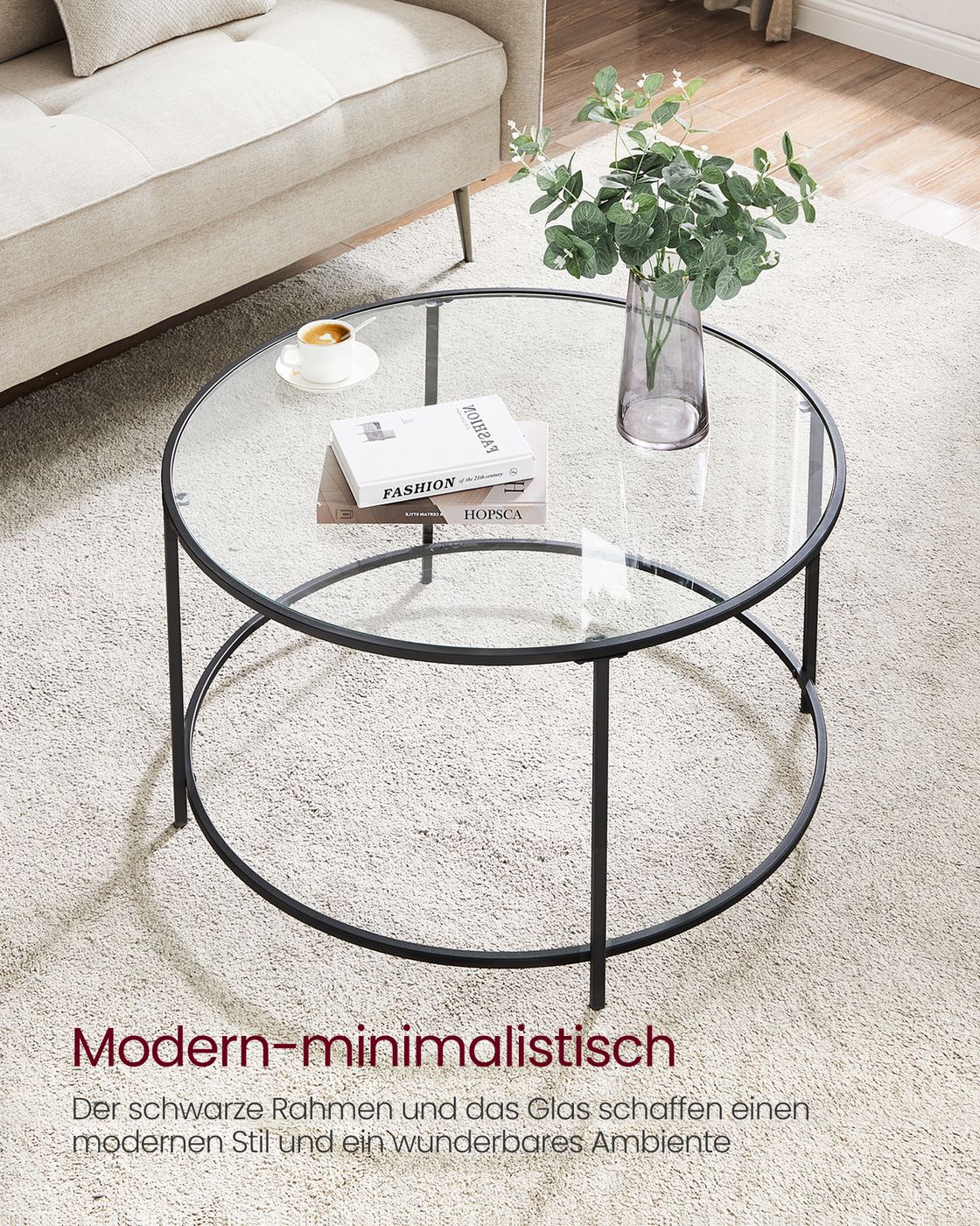 Ronde Salontafel met Glazen Blad – Gehard Glas – Modern Retro Bijzettafel voor Woonkamer
