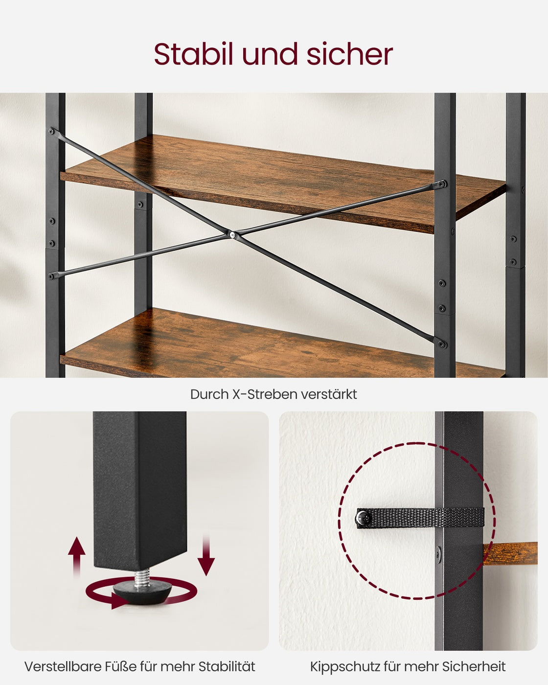 Industriële Boekenkast met 6 Planken – Stalen Frame met X-Verstevigingen – Verstelbare Voetjes – 78 cm