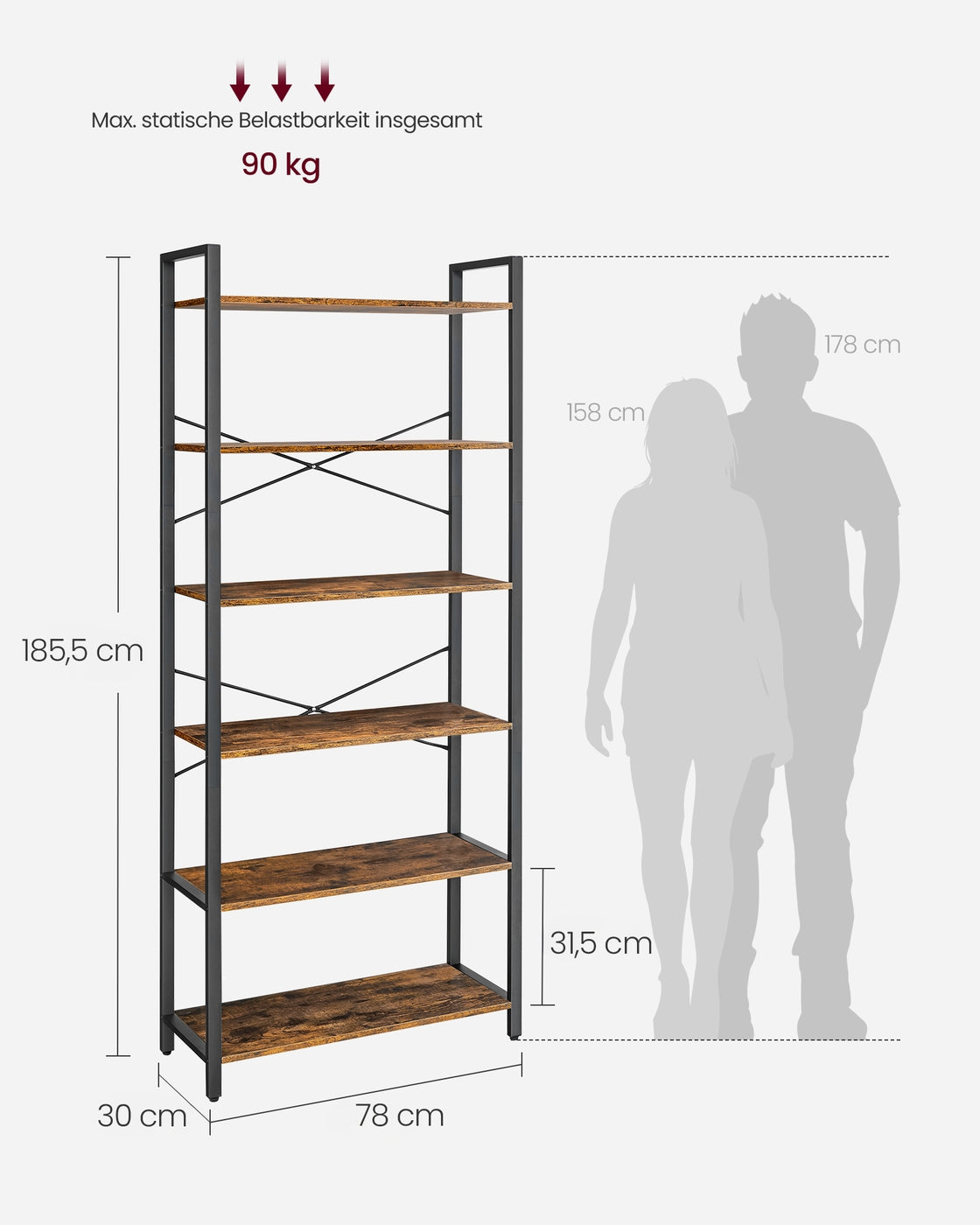 Industriële Boekenkast met 6 Planken – Stalen Frame met X-Verstevigingen – Verstelbare Voetjes – 78 cm