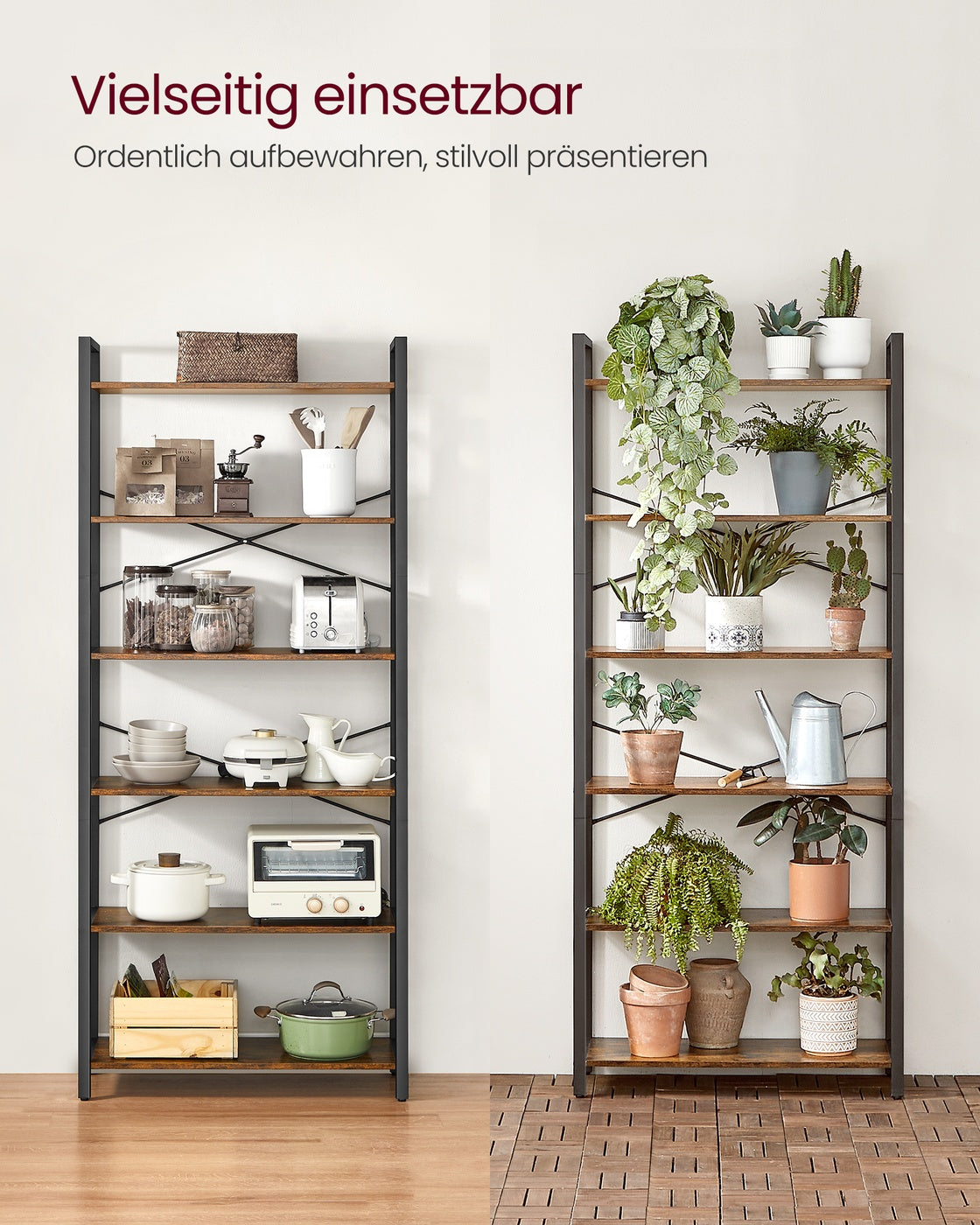 Industriële Boekenkast met 6 Planken – Stalen Frame met X-Verstevigingen – Verstelbare Voetjes – 78 cm
